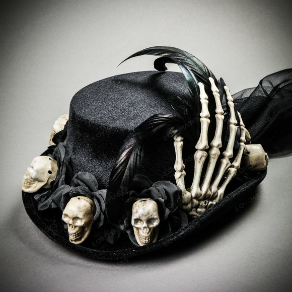Halloween Skeleton Hand Skull Top Hat with Rose - Black - Picture 3 of 10